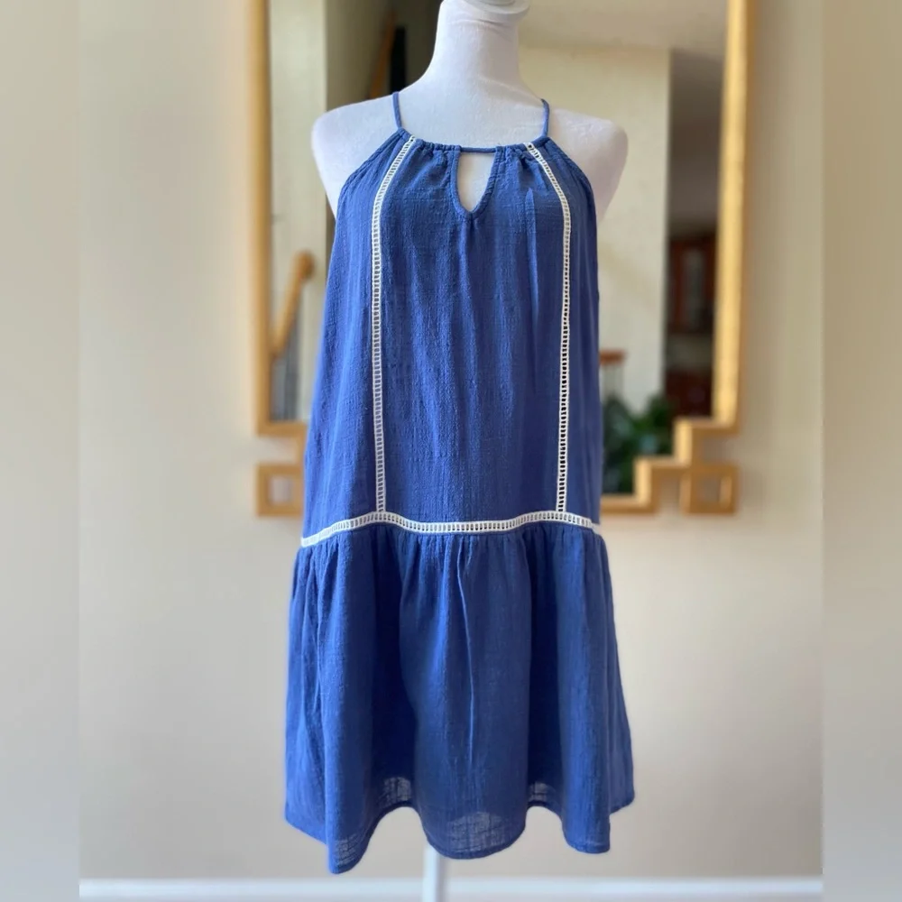 SAGE the Label Blue Halter Mini Dress White Ric Rac Trim Keyhole Neck Small - Picture 1 of 12